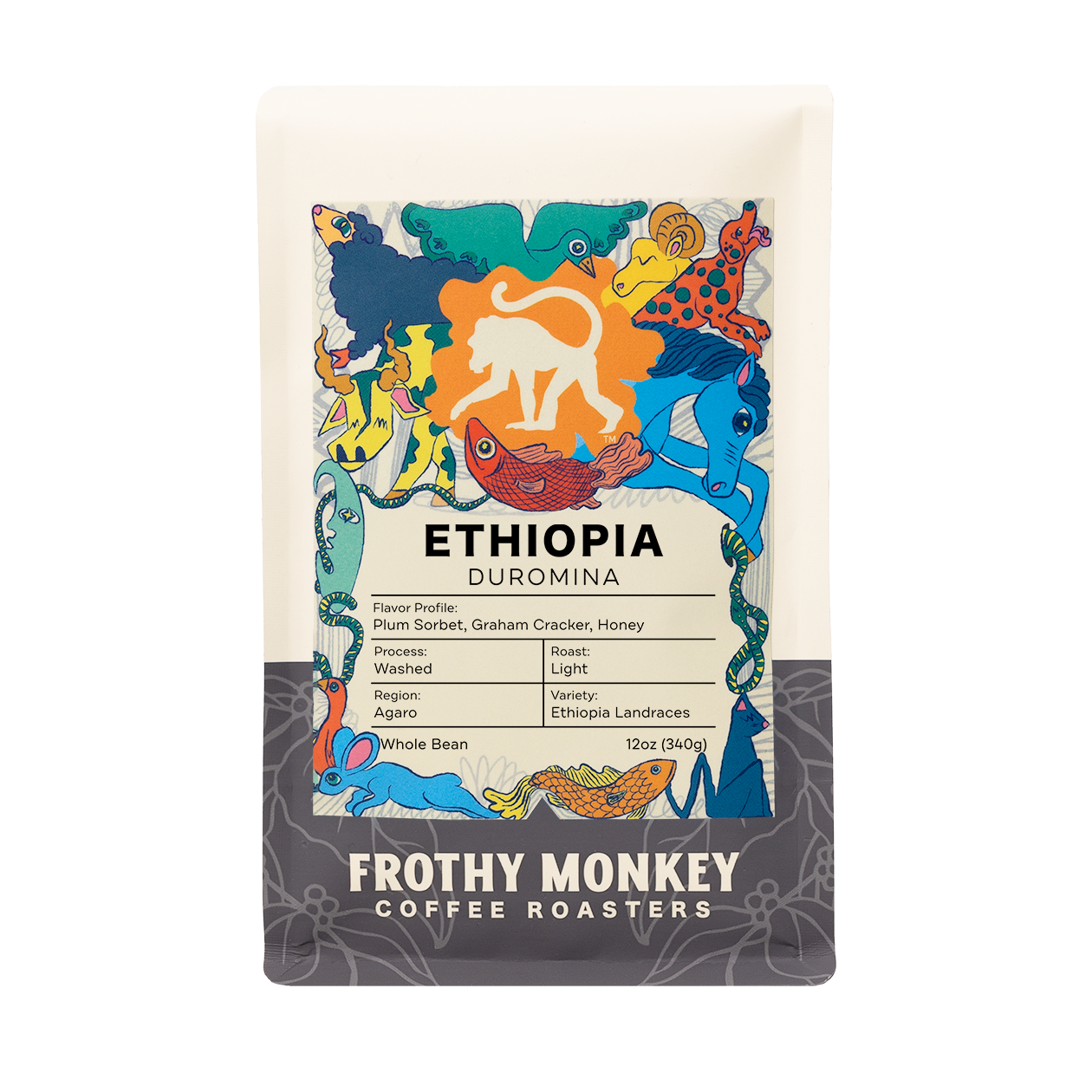 Ethiopia Duromina coffee bag, plum sorbet notes, washed landrace coffee from Agaro, Ethiopia