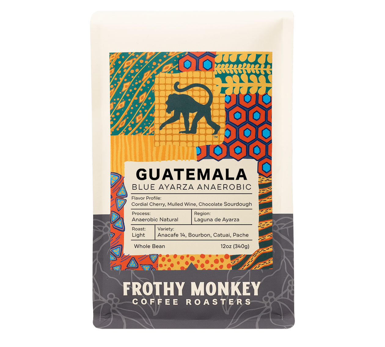 Guatemala Blue Ayarza Anaerobic 12oz coffee bag, anaerobic natural light roast with cordial cherry, mulled wine, and chocolate sourdough