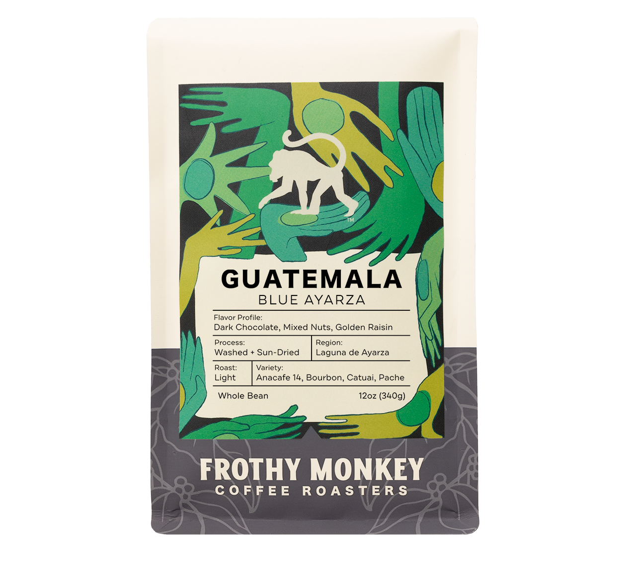 Guatemala Blue Ayarza 12oz coffee bag, washed light roast with dark chocolate, mixed nuts, and golden raisin