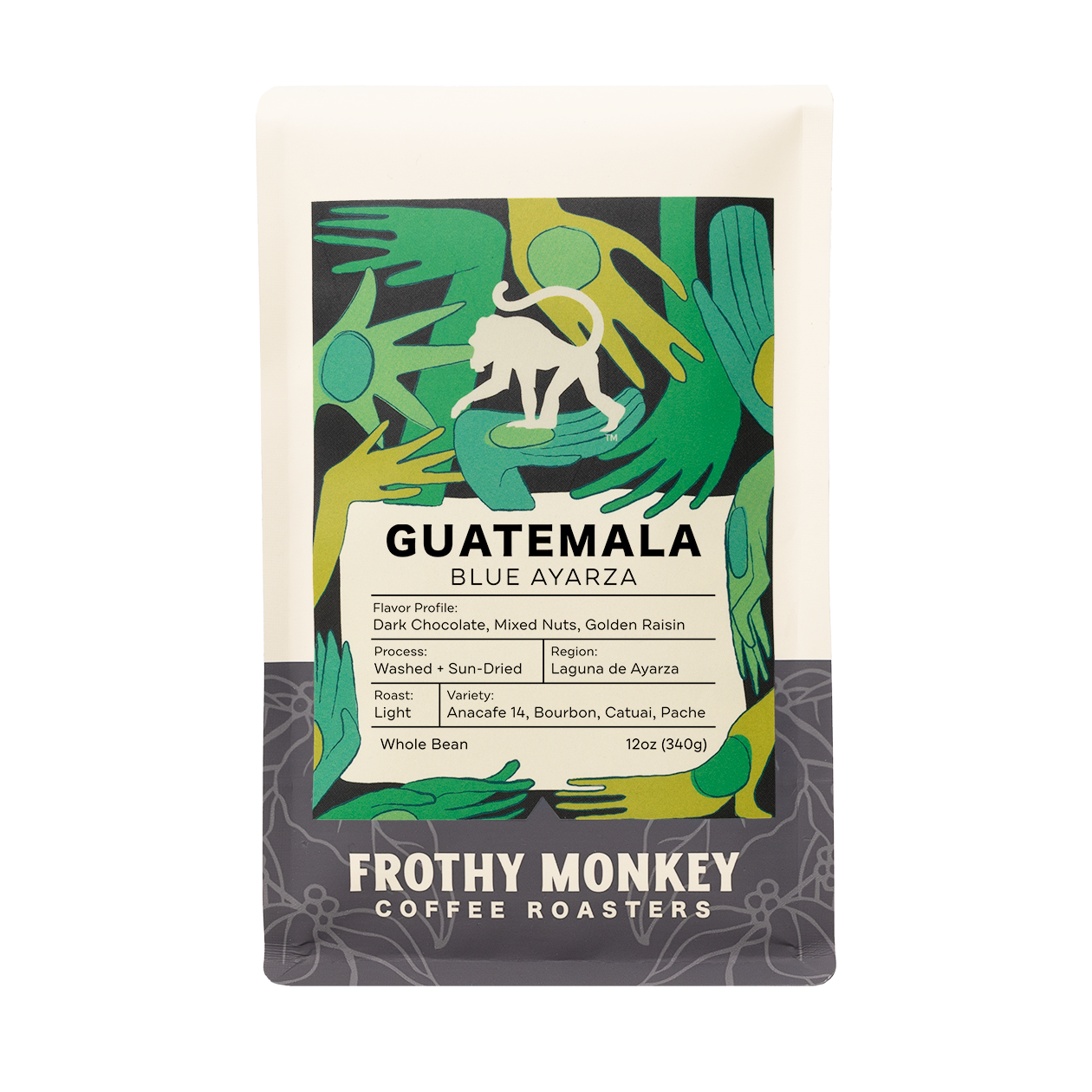 Guatemala Blue Ayarza 12oz coffee bag, washed light roast with dark chocolate, mixed nuts, and golden raisin
