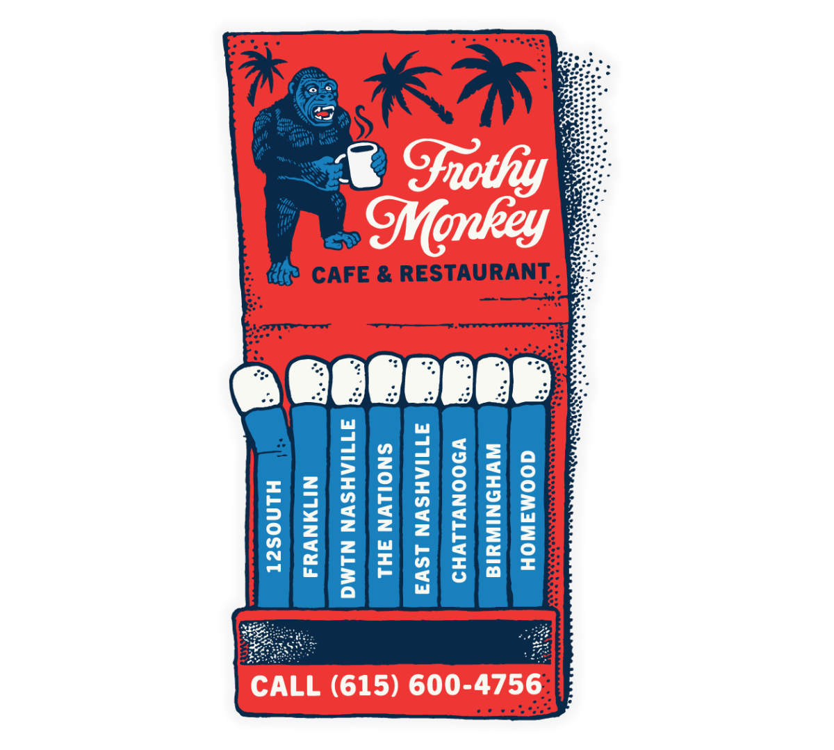 Die cut sticker of a red and blue vintage matchbook for Frothy Monkey Cafe and Restaurant, with a gorilla holding a coffee mug and each cafe location printed on a matchstick