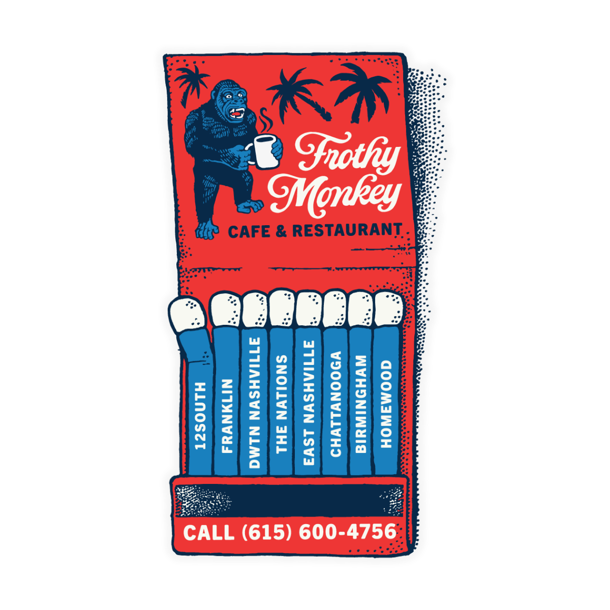 Die cut sticker of a red and blue vintage matchbook for Frothy Monkey Cafe and Restaurant, with a gorilla holding a coffee mug and each cafe location printed on a matchstick