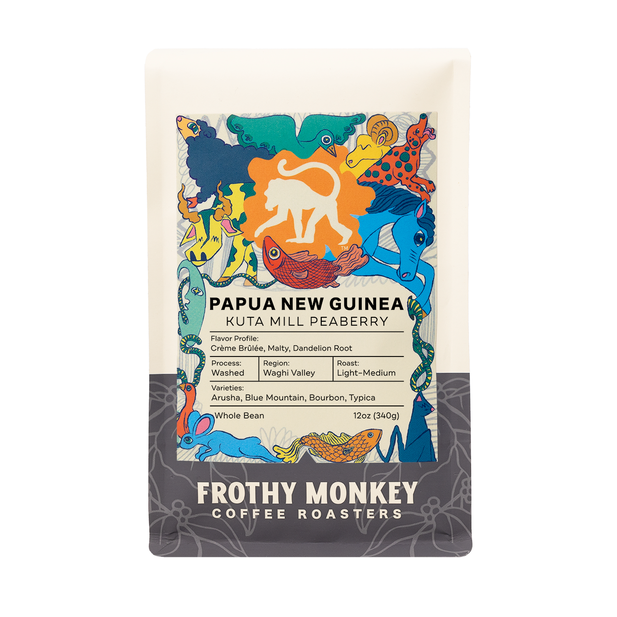 Papua New Guinea Kuta Mill Peaberry 12oz bag, a crème brûlée and malty washed peaberry single origin coffee from the Waghi Valley.