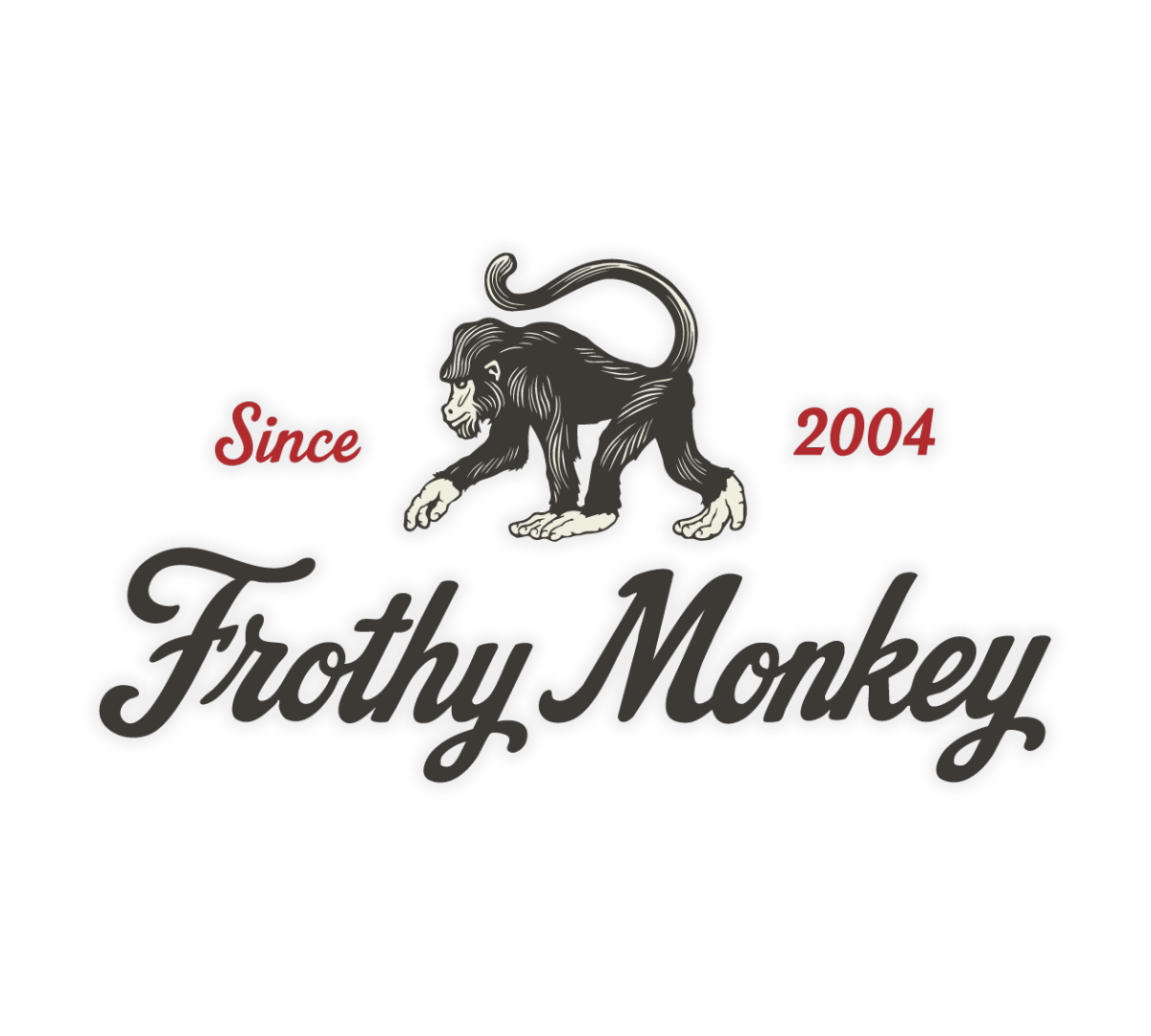 Sticker with a vintage illustrated monkey walking above the Frothy Monkey script logo, flanked by Since and 2004 in red