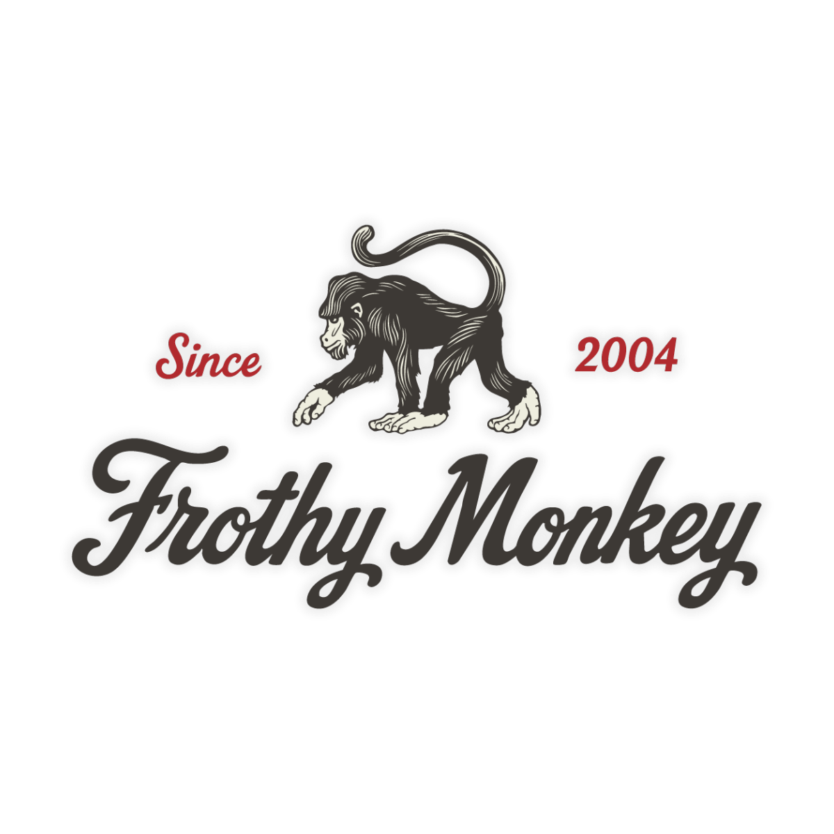 Sticker with a vintage illustrated monkey walking above the Frothy Monkey script logo, flanked by Since and 2004 in red
